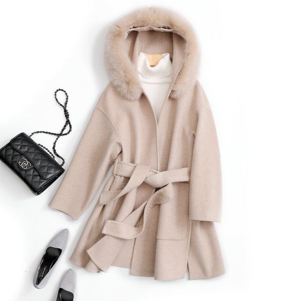 

wet with a double hood on the face of cashmere women's korean winter down wool long-waisted band thickening jacket, Black;brown