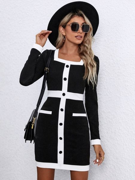 

contrast trim square neck fake button bodycon dress r1om#, Black;gray