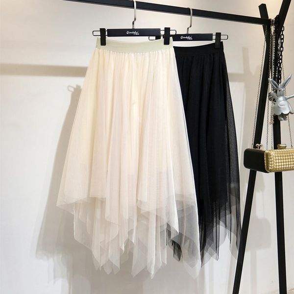 

skirts women's irregular long mesh skirt woman 2021 spring high low a-line layered tutu pink gray black