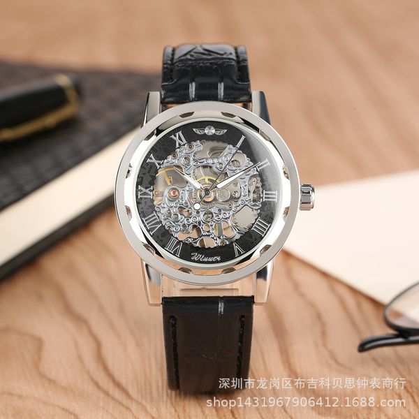 

winner hollow mechanical watch roman literal belt men's watch, Slivery;brown