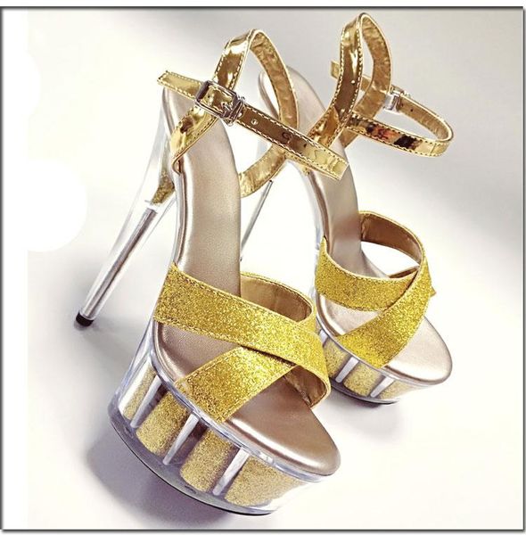 

glitter sequins wedding shoes crystal bottom high heels15cm model walks female pumps evening party single sandals, Black