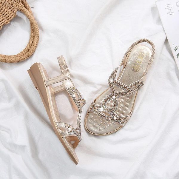 

summer ladies fashion style rhinestone sandals bohemia comfortable slope heel bling elegant all matching shoes for women, Black