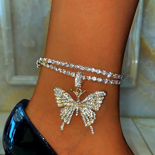 

anklets jjfoucs adjustable metal crystal big butterfly anklet for women fashion luxury rhinestone tennis chain foot jewelry, Red;blue