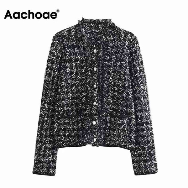 

aachoae women elegant plaid coat long sleeve vintage tweed jacket pocket tassel stylish chic coat outerwear autumn spring 210413, Black;brown