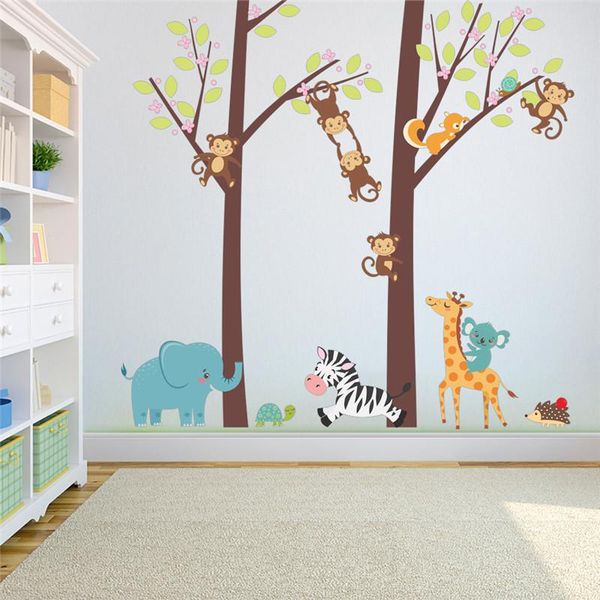 Adesivos de Parede Animal Animal Animal Grande Árvore Filial Autocolante para Kindergarten Kids Room Home Decor Safari Monkey Zebra Mural Art PVC Decalques