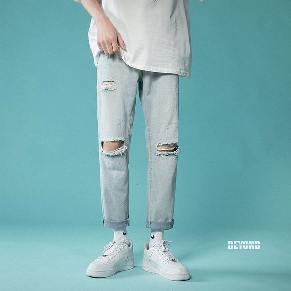 

jeans summer ripped men's slim fashion casual light blue straight-leg jeans men streetwear hip-hop hole denim trousers mens