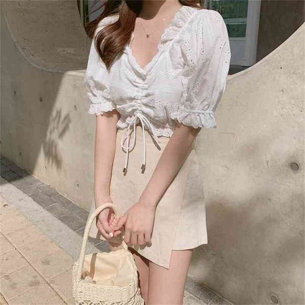 

embroidery shirt summer white blouses women skirt short sleeve girls blouse linen cotton mini pants skirt plus size 210423