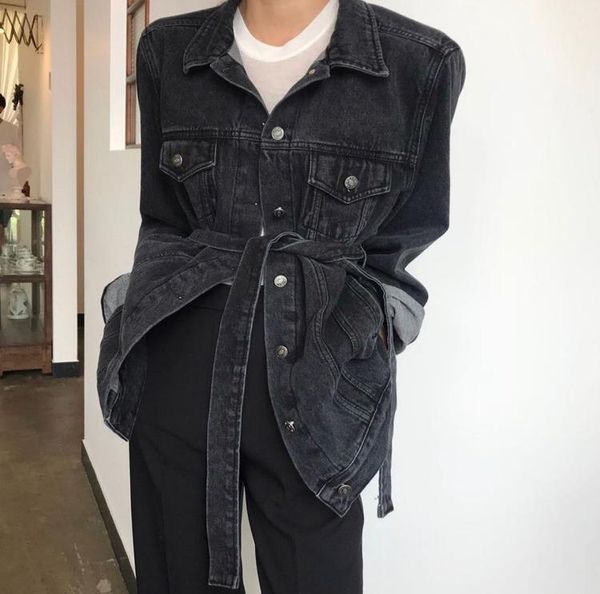 

women's jackets jsxdhk arrival high street autumn winter denim coats fashion women single breasted black loose jean outerwear with belt, Black;brown