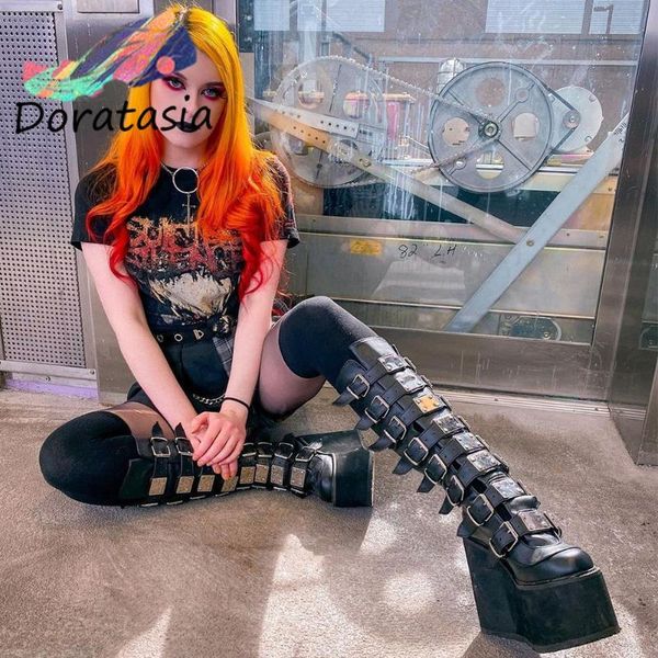 

boots doratasia big size 43 female luxury zipper buckle med-calf motorcycle women wedges punk goth quality shoes, Black