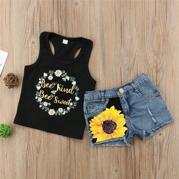 

fashion summer kid baby girls cotton sleeveless t shirt floral print denim shorts outfit clothes set 1 6y, White