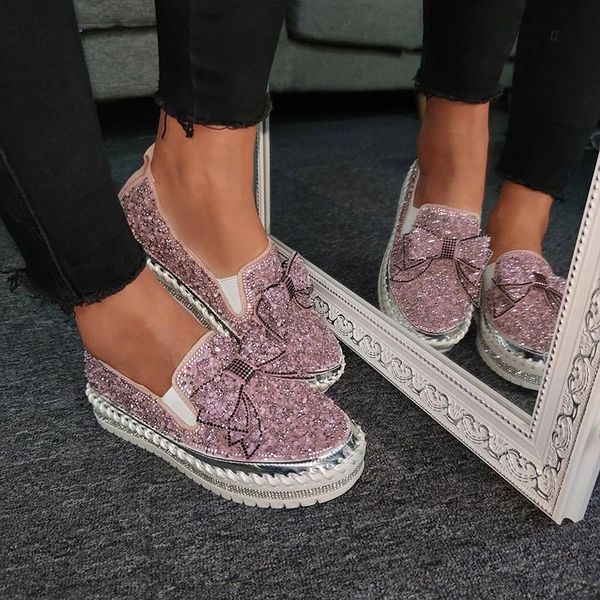 Sandalen Rosa Damen-Loafer mit glänzenden Strasssteinen, Schleife, dicke Sohle, modische, lässige Damen-Kristallschuhe, Plateauschuhe