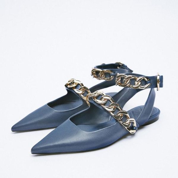 

sandals 2021 arrival blue chain flat pointed toe fashion, Black