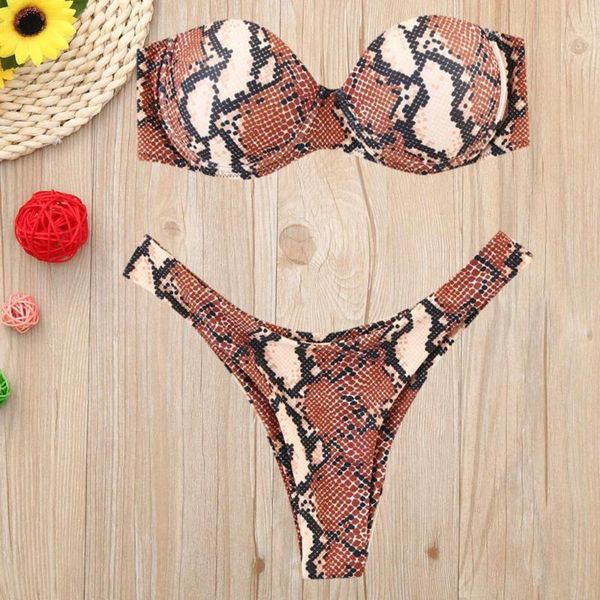 

women print tube up two pieces bikini set beachwear female summer push-up swimsuit swimwear for 2021 fashionable one-piece suits