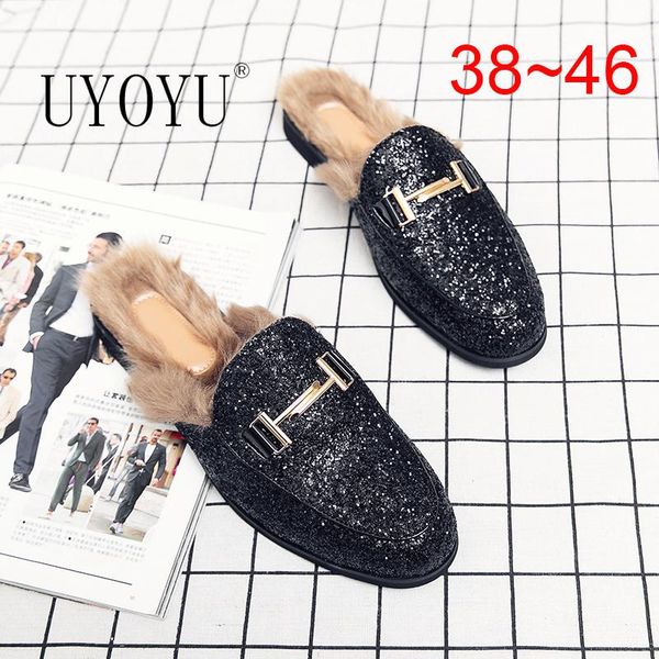 

slippers designer mens fur mules coiffeur summer genuine leather brand loafers luxury slipper men half shoes for man winter home, Black