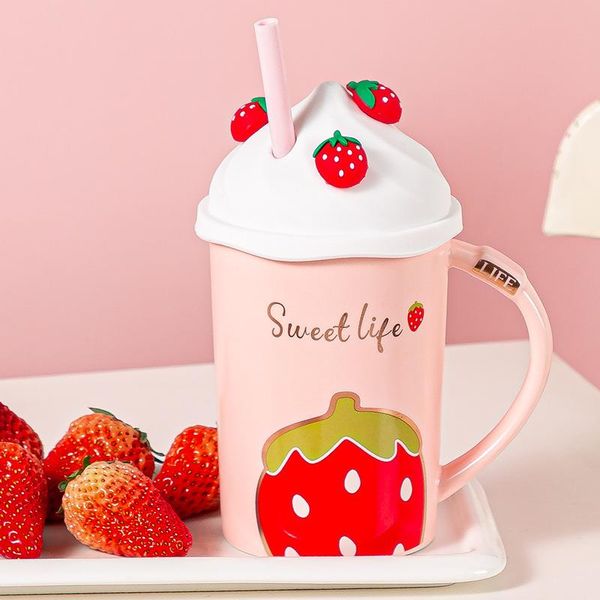 

mugs creative mug product straw cup silicone cover stereo strawberry shaped ceramic children's cute breakfast milk water