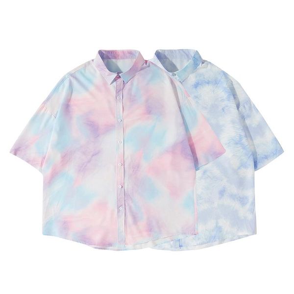 

men's casual shirts 2021 summer japanese retro street fashion brand tie-dye short-sleeved shirt male loose hip-hop student single breas, White;black