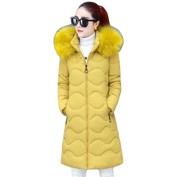 Giacca invernale Donne Giallo Giallo Verde Plus Size Pelliccia allentata Parka con cappuccio Parks Coreano moda lunga spessa calore cotone cappotti LR926 210531