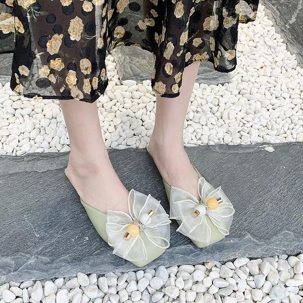 

slippers bow mules shoes women sweet v mouth flat summer closed toe sandals outdoor square 2021, Black