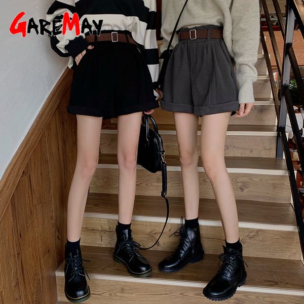 

lady fashion casual high waist loose shorts vintage solid color wide leg boots pants with belt office ladies autumn bottoms 210428, White;black