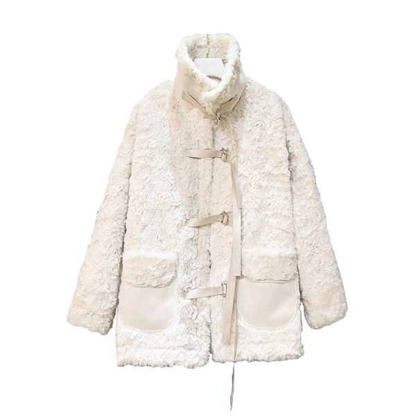 

women white solid jacket turn down collar faux fur lambswool lace up highstreet pocket c0516 210514, Black;brown