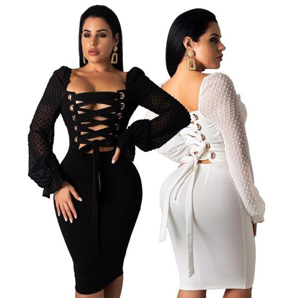 

casual dresses elegant women dress bodycon slim hollow out lace up eyelet midi pencil club wear bandage chiffon to work, Black;gray