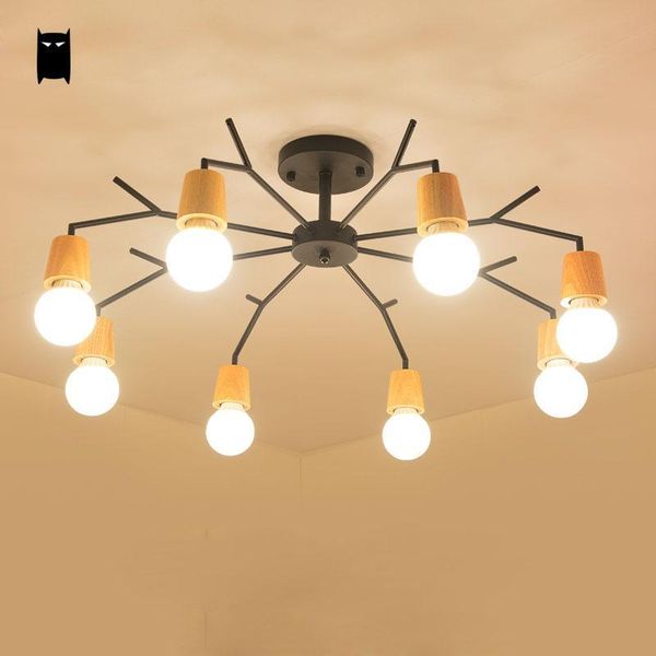

ceiling lights black iron oak wood spider light fixture modern nordic creative korean plafon lustre luminaria foyer living room bedroom