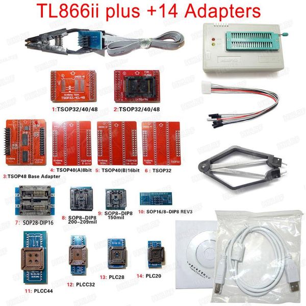 Интегральные схемы 100% оригинал TL866II PLUS Программатор Bios + 14 адаптеров Flash EPROM EEPROM TSOP32/40/48 TSOP48 Лучше, чем TL866A TL866CS
