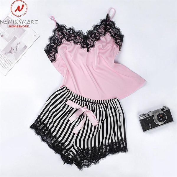 

women summer solid pajamas lace bow decor sling sleeveless v-neck elastic mid waist shorts lady 2 piece set for bedroom two dress, White
