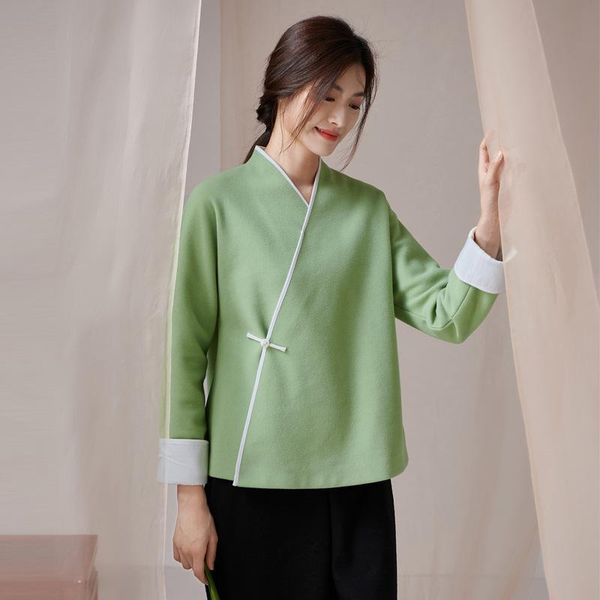 

women's wool & blends qingshuzhai autumn and winter 2021 zen national style coat chinese cross collar tea suit daily, Black