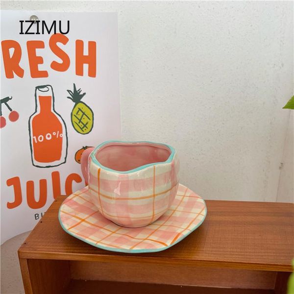 

mugs izimu nordic pink plaid ceramic coffee cup set irregular decorative home breakfast milk tea kitchen reusable drinking