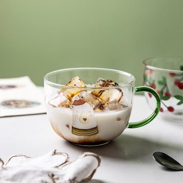 

mugs 509ml with handle glass mug breakfast milk cup cute lady child water office home coffee apple cherry bear pattern
