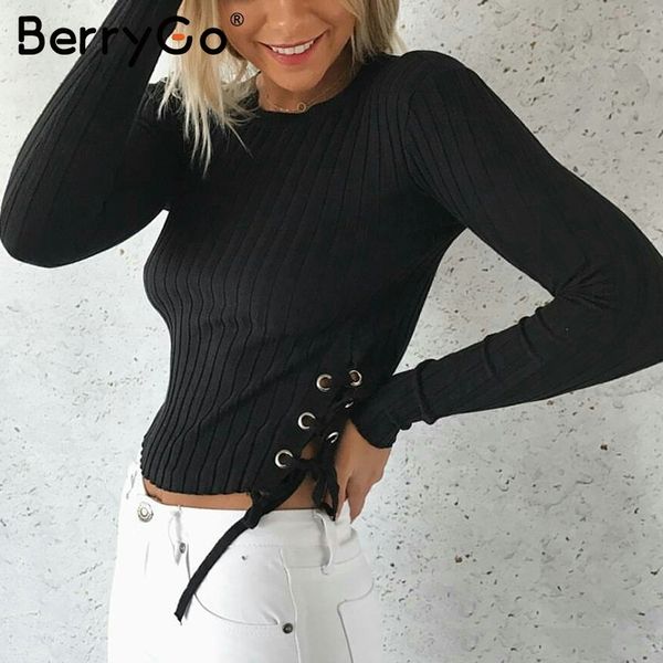

berrygo lace up knitting pullover fashion black autumn winter sweater women casual cold shoulder elastic streetwear jumper 210513, White;black