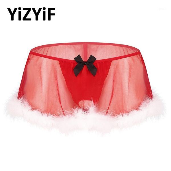 

sissy men santa lingerie christmas costume see through sheer elastic low rise white feather hem g-string panties skirt1