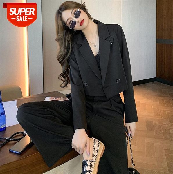 

suit women korean casual design short coat high waist straight wide leg mopping pants #bq7n, Black;gray