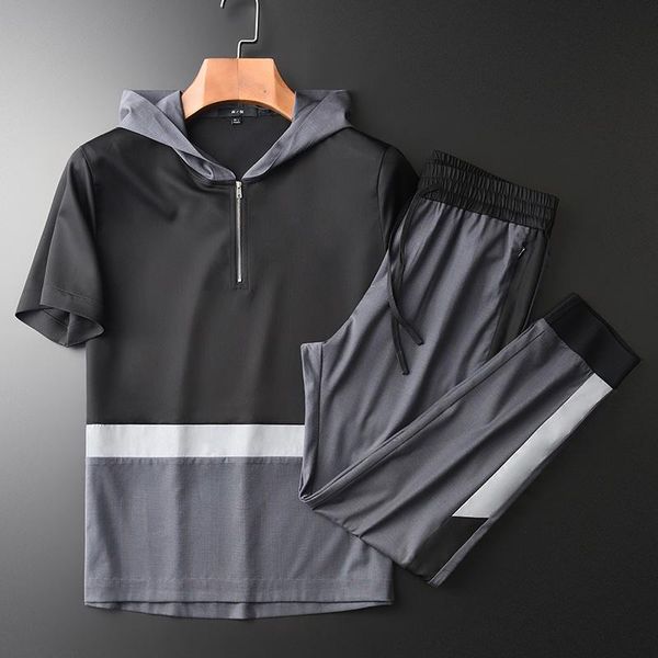 

men's tracksuits hooded summer mens sets (t-shirt+pants) luxury short sleeve splicing design man plus size 4xl slim fit tracksuit, Gray