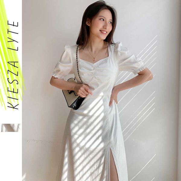 Elegante Sólido Sólido Vestido Branco Vintage Vintage Boho Bubble Sleeve Feminino Split Party Vestidos Vestidos 210608