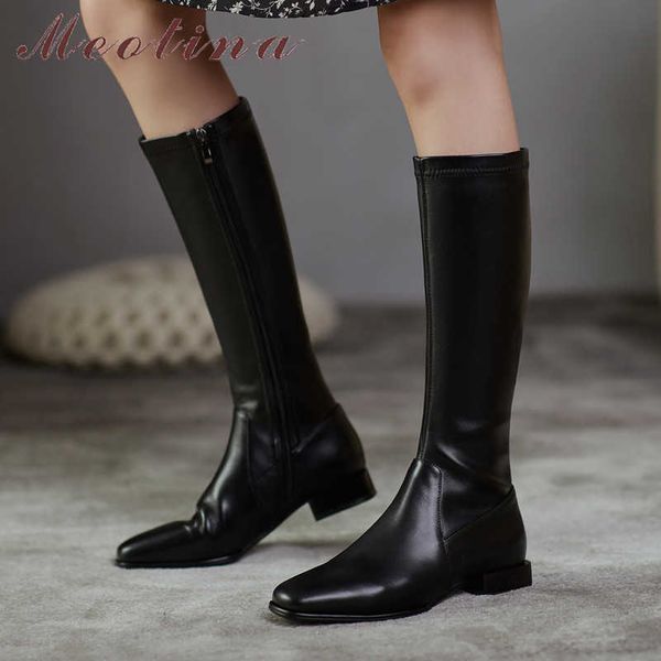 

meotina real leather low heel riding boots knee high boots women shoes square toe zip chunky heels ladies long boots brown 40 210608, Black