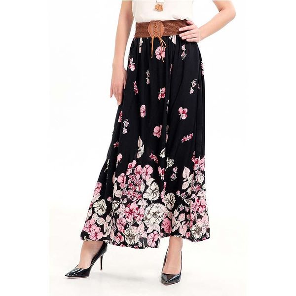 

skirts whzhm bohemian flower printed skirt womens female elastic pleated floral cotton party high waist sashes beach, Black