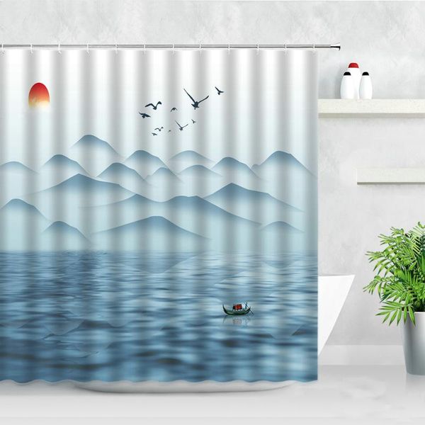 

shower curtains chinese style sun bird mountain 3d natural landscape ink painting art modern decor waterproof bath curtain sets