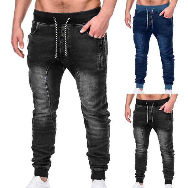 

men's jeans men classic simple pure color washed drawstring elastic waist casual sports plus size denim trousers 3 colors, Blue