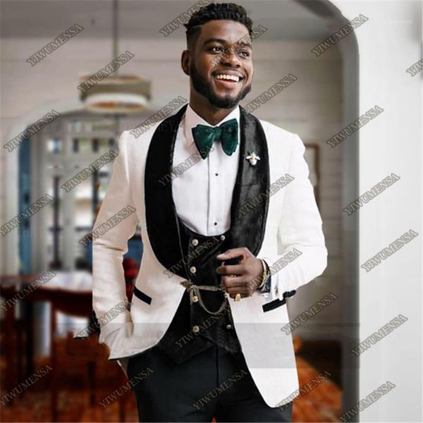 

men's suits & blazers trajes dde hombre jacquard white men black peaked lapel velvet jacket+vest+pants wedding tuxedos 3 pieces marriag, White;black
