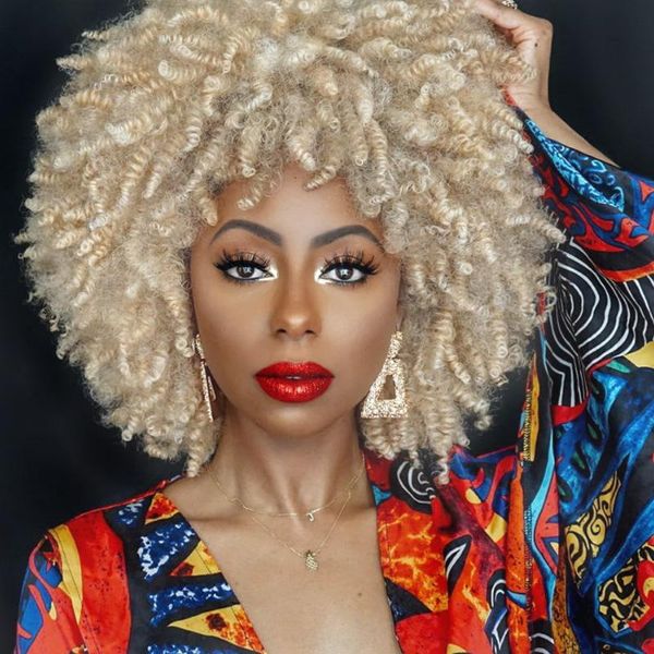

women's curly hair synthetic brown-golden fluffy short african explosion headdress wig wigs, Black
