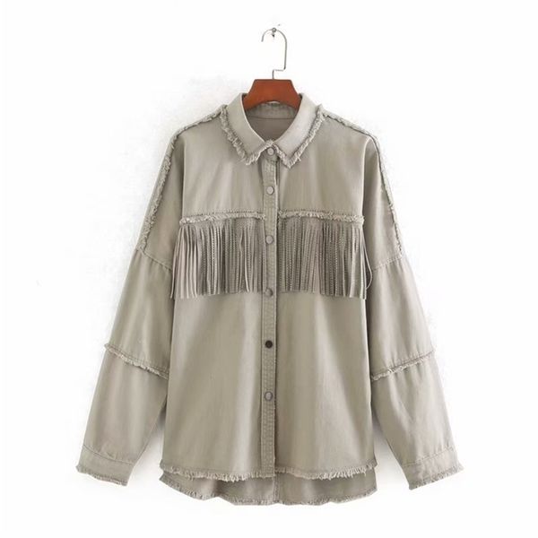 

women vintage retro long sleeve tassel decoration kimono denim jacket ladies sequined outwear business burr coat ct389 210420, Black;brown