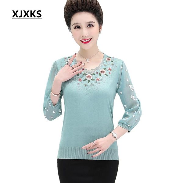 

women's sweaters xjxks spring autumn middle aged women sweater emboridery thin pullover three quarter sleeve lace neck mother, White;black