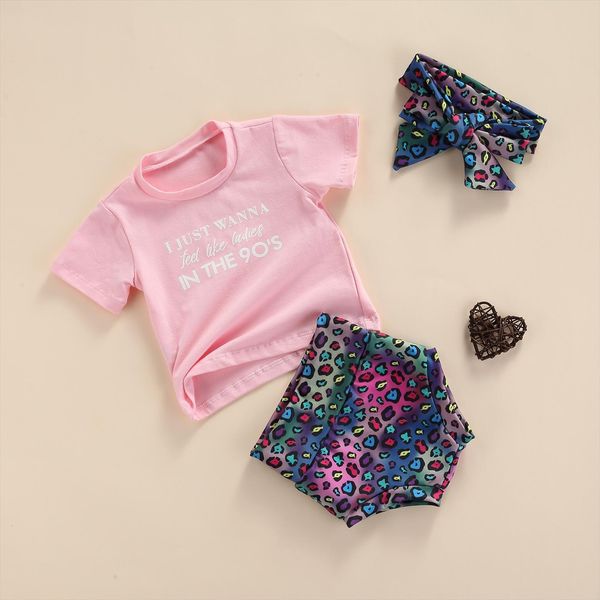 

0 3y summer infant baby girls clothes sets letter printed short sleeve t shirts leopard shorts headband, White