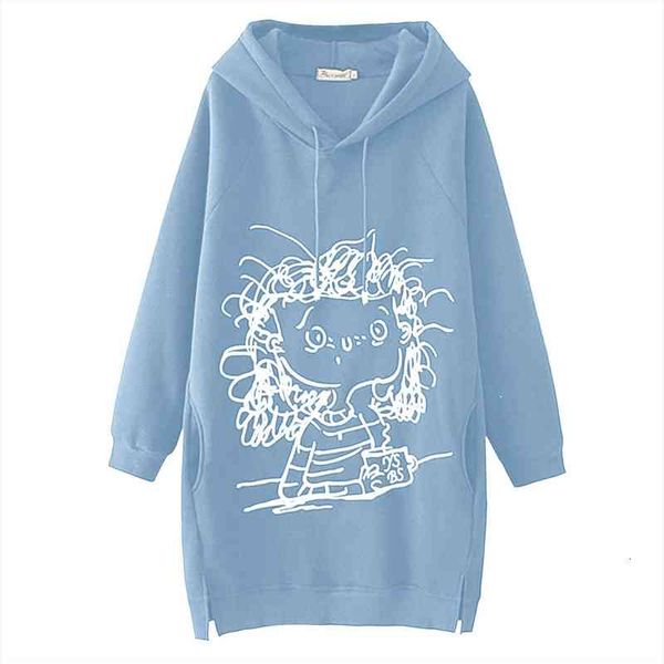 

women long hoodie pullover cartoon print long sleeve splited pockets sweatshirt hoody pullovers dress sudadera mujer, Black