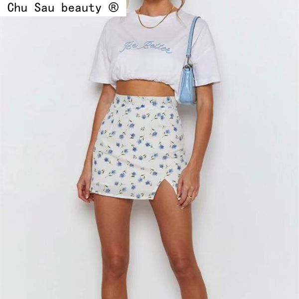 

summer french vintage prairie chic blue flower half skirt high waist skirt female all-match zipper side slit fashion 210508, Black