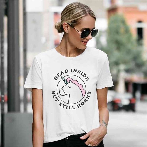

dead inside but still horny unicorn letter printed t shirt women short sleeve cute unicorns tee 210512, White