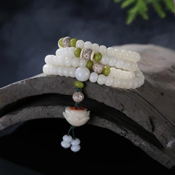 

beaded, strands lotus bodhi seed 108 mala bracelet white root beads for women yoga meditation carved, Black