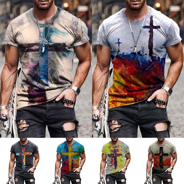 

men summer fashion harajuku colorful cross printed t-shirts oversized vintage streetwear short sleeve o collared tee men's, White;black